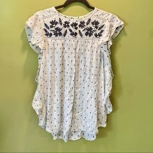 World Market side ruffle floral polka dot top